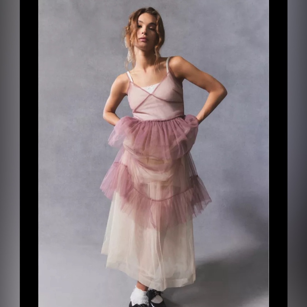 NEW Urban Outfitters Aida sheer mesh ruffle midi dress in Mauve size Small - Picture 4 of 4